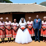 **

A group of traditionally dressed family representatives from the groom's side formally visiting the bride's family home in Eswatini. Focus on the respectful and expectant atmosphere. Include elements like traditional Swazi huts (rondavels) in the background.

**
