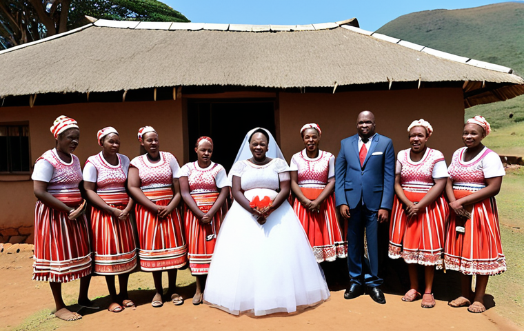 **

A group of traditionally dressed family representatives from the groom's side formally visiting the bride's family home in Eswatini. Focus on the respectful and expectant atmosphere. Include elements like traditional Swazi huts (rondavels) in the background.

**