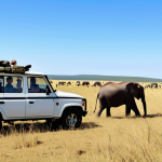 **

"A panoramic view of Hlane Royal National Park in Eswatini, showcasing diverse wildlife like elephants and zebras roaming freely in their natural habitat. The landscape features vast savanna plains under a clear blue sky. Fully clothed tourists are observing the animals from a safe distance in a safari vehicle. Appropriate attire, safe for work, perfect anatomy, natural proportions, professional wildlife photography, high quality."

**