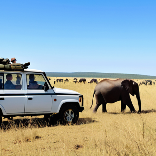 **

"A panoramic view of Hlane Royal National Park in Eswatini, showcasing diverse wildlife like elephants and zebras roaming freely in their natural habitat. The landscape features vast savanna plains under a clear blue sky. Fully clothed tourists are observing the animals from a safe distance in a safari vehicle. Appropriate attire, safe for work, perfect anatomy, natural proportions, professional wildlife photography, high quality."

**