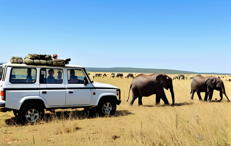 **
"A panoramic view of Hlane Royal National Park in Eswatini, showcasing diverse wildlife like elephants and zebras roaming freely in their natural habitat. The landscape features vast savanna plains under a clear blue sky. Fully clothed tourists are observing the animals from a safe distance in a safari vehicle. Appropriate attire, safe for work, perfect anatomy, natural proportions, professional wildlife photography, high quality."
**