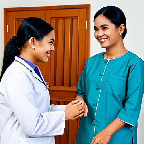 **

A female doctor wearing a "baju kurung" (traditional Malay dress) at a well-equipped clinic, consulting with a smiling, fully clothed female patient. The clinic background is clean and modern. Focus on the doctor's caring expression. "Perfect anatomy", "correct proportions", "natural pose", "well-formed hands", "proper finger count", "natural body proportions". "Safe for work", "appropriate content", "fully clothed", "professional", "modest", "family-friendly", "professional photography", "high quality".

**