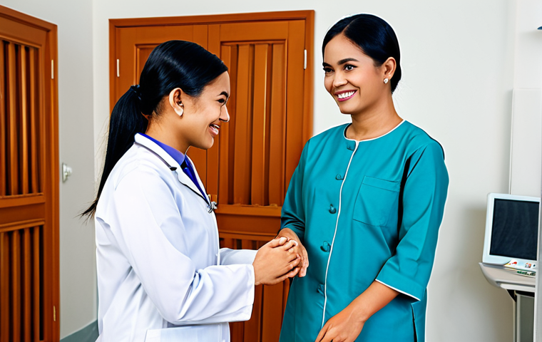 **
A female doctor wearing a "baju kurung" (traditional Malay dress) at a well-equipped clinic, consulting with a smiling, fully clothed female patient. The clinic background is clean and modern. Focus on the doctor's caring expression. "Perfect anatomy", "correct proportions", "natural pose", "well-formed hands", "proper finger count", "natural body proportions". "Safe for work", "appropriate content", "fully clothed", "professional", "modest", "family-friendly", "professional photography", "high quality".
**